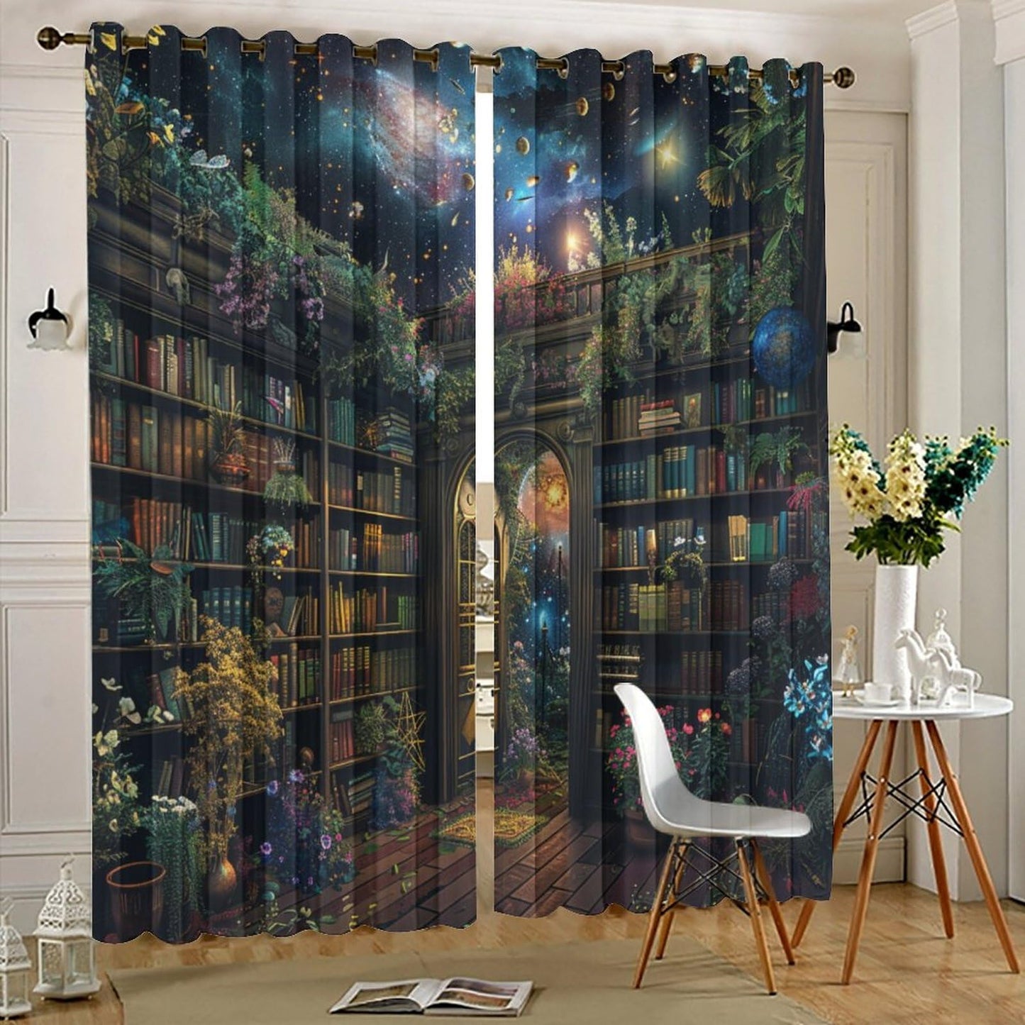 HDESDIS Bookshelf Fantasy Grommet Blackout Curtains for Bedroom, Mystical Space Star Library Thermal Insulated Curtains Room Darkening Window Drapes, 21W x 45L, 2 Panels