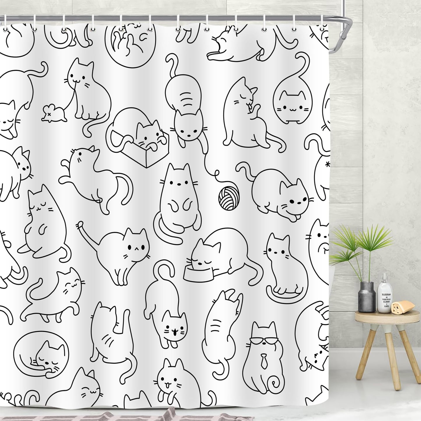 Emwnodti Cat Shower Curtain, Black and White Cute Cats Funny Bath Curtain Decor, Cute Shower Curtian for Kid, Polyester Fabric Waterproof Durable Bathroom Accessories Set with 12 Hooks 72x72 in