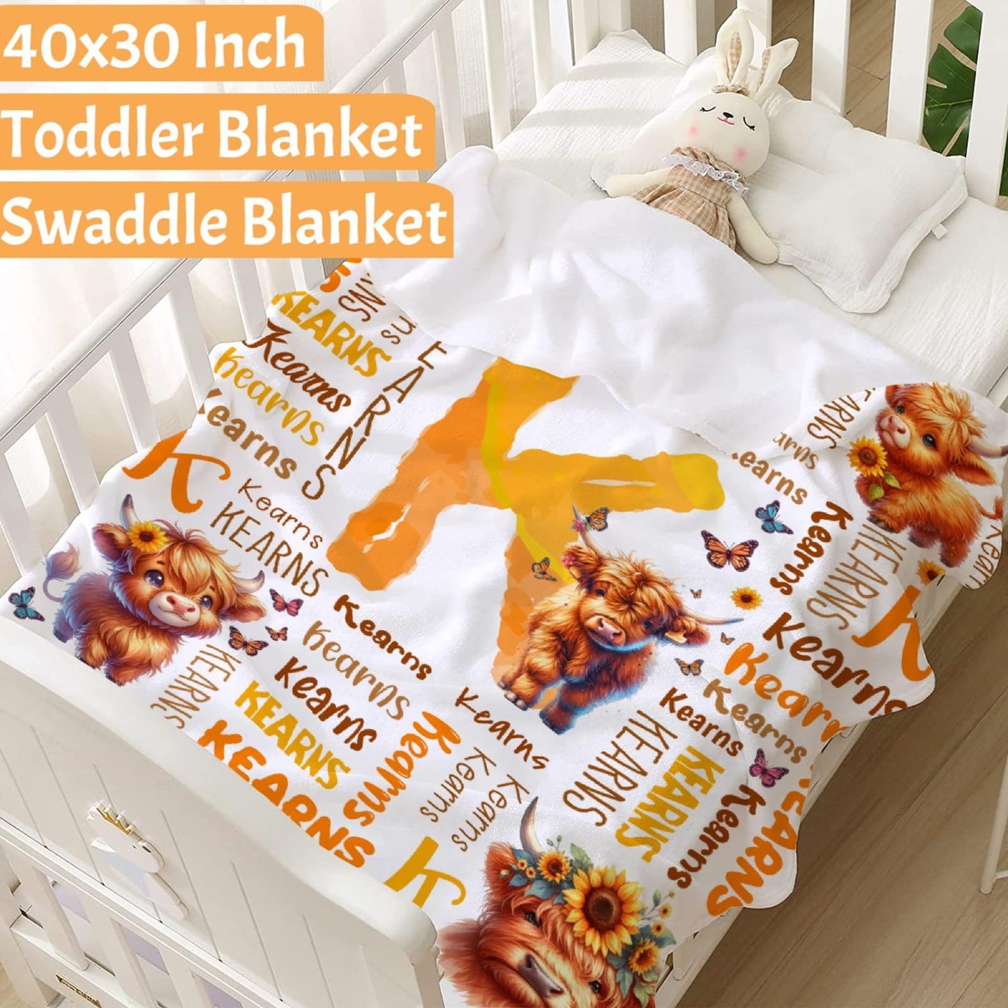 Personalized Highland Cow Blanket,Custom Cow Gifts,Soft Flannel Throw for Bed Sofa,Lightweight,40 x 30in