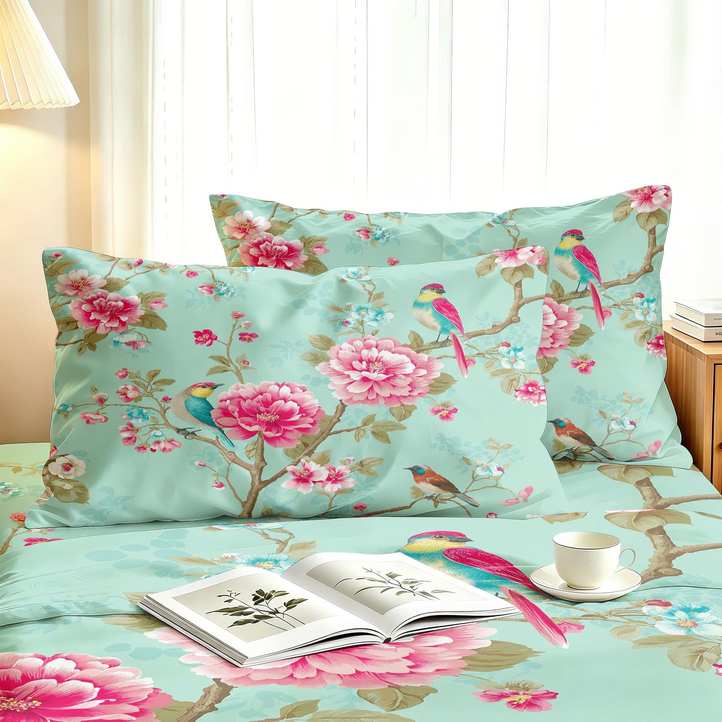 Bird and Peony Bedding Set 4 Pcs Chinoiserie King Sheets
