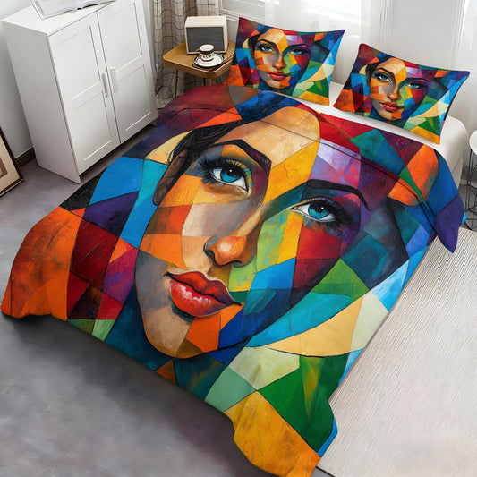 PAISUOQ Woman Duvet Cover Queen Size, Geometric Graffiti Bedding Sets, 3 Piece, Soft Microfiber Patterned Comforter Cover with Zipper Ties & 2 Pillowcase, Fashion Girl Bedroom Decor & Gifts