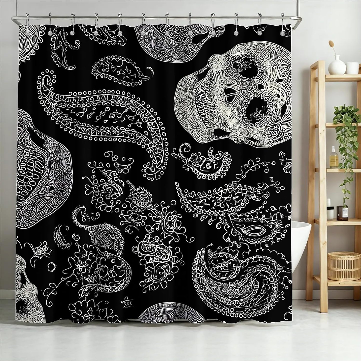 TANGXUNFA Skeleton-and-Flowers Shower Curtain for Bathroom, Water-Resistant Long Shower Curtain Set 72x72 Inch with Metal Grommets and 12 Metal Hooks