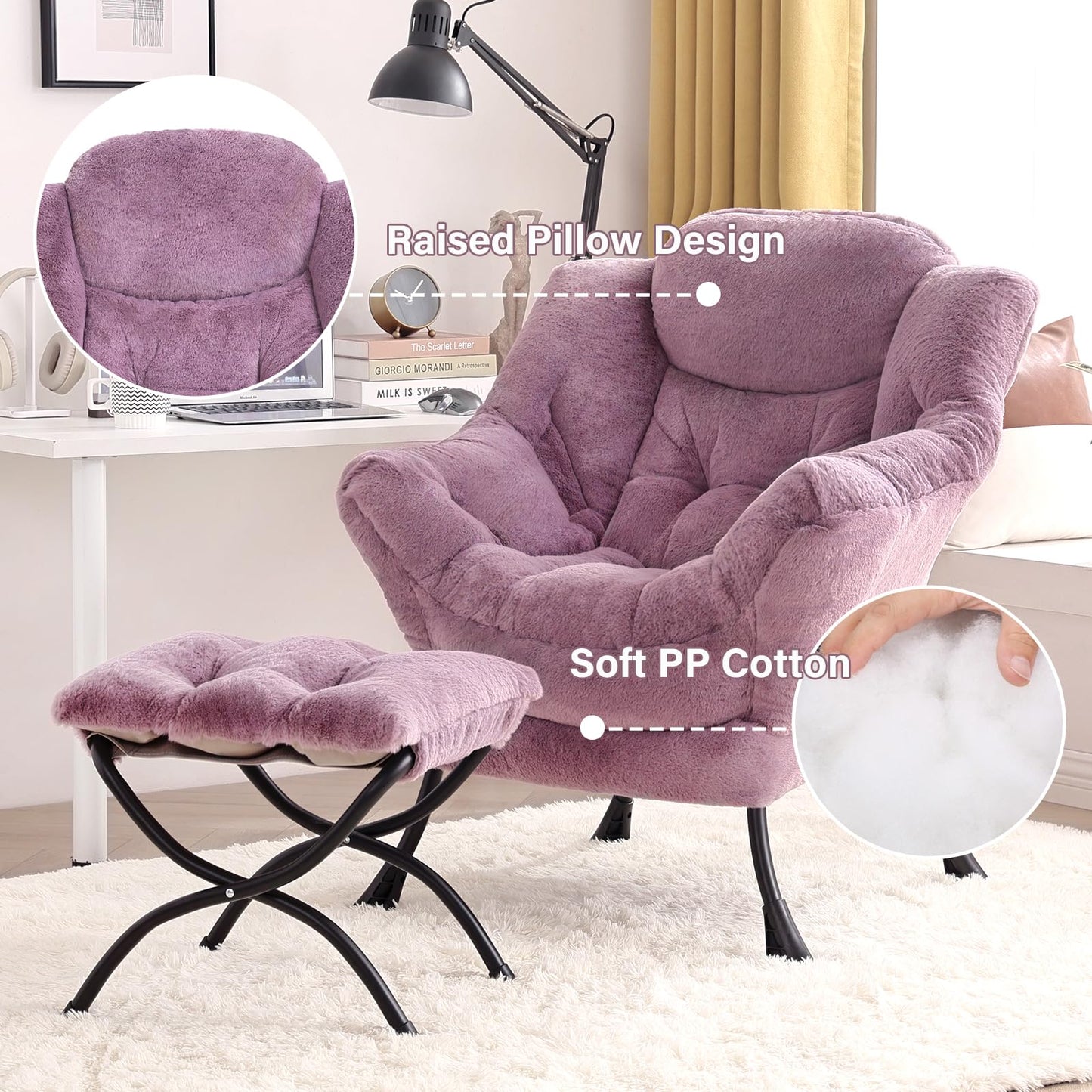 Tiita Lazy Chair with Ottoman, Purple Modern Large Accent Chair, Comfy Leisure Sofa Armchair with Ottoman, Reading Chair with Footrest for Bedroom, Living Room, Dorm Rooms, Plush Purple
