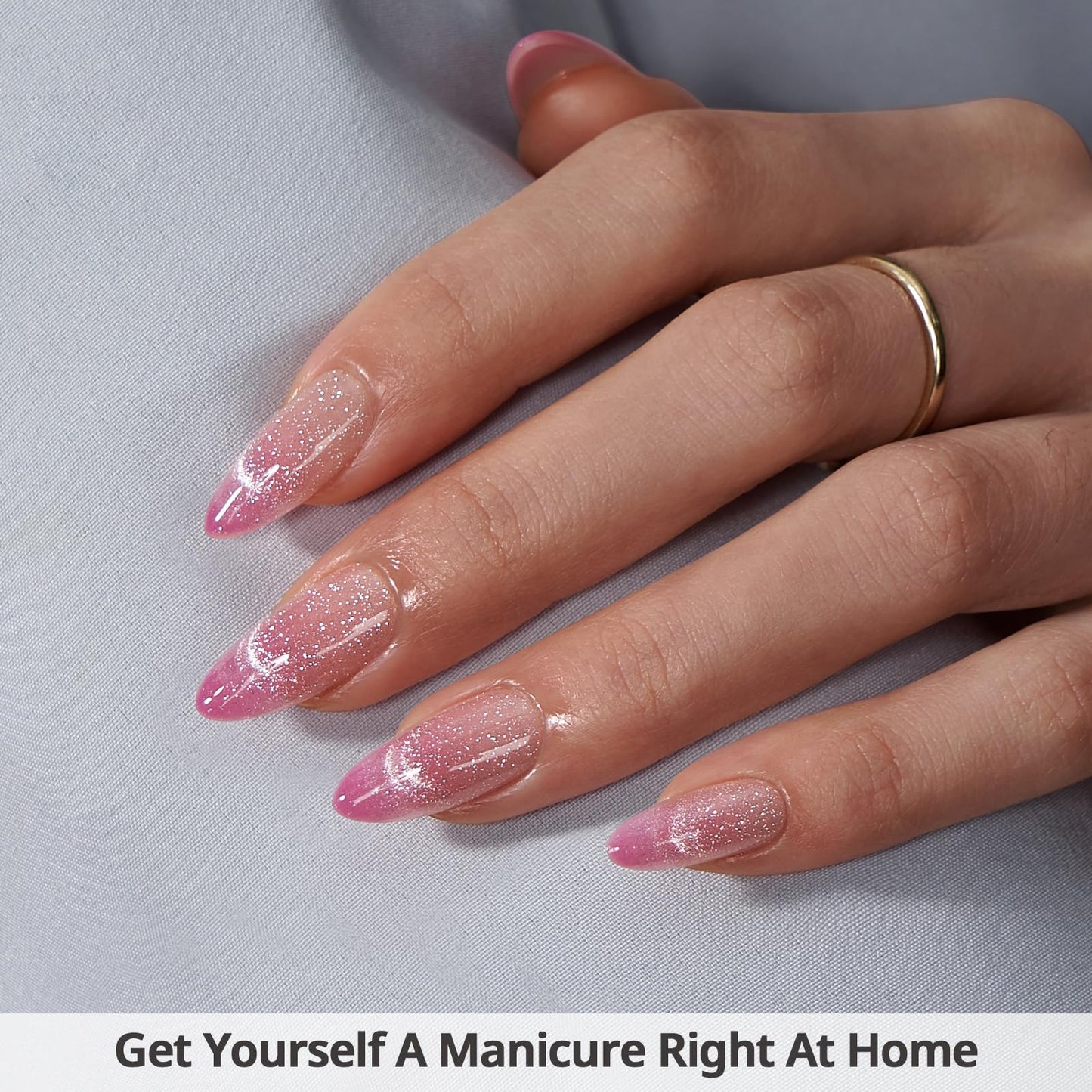 BTArtbox Almond Press On Nails Medium - Lamp-Curable Pink Cat Eye Press On Nails with Glue for Women, Semi-Transparent Soft Gel Glue On Nails in 15 Sizes - 30 Stick On Nails Kit, Rosy Dew
