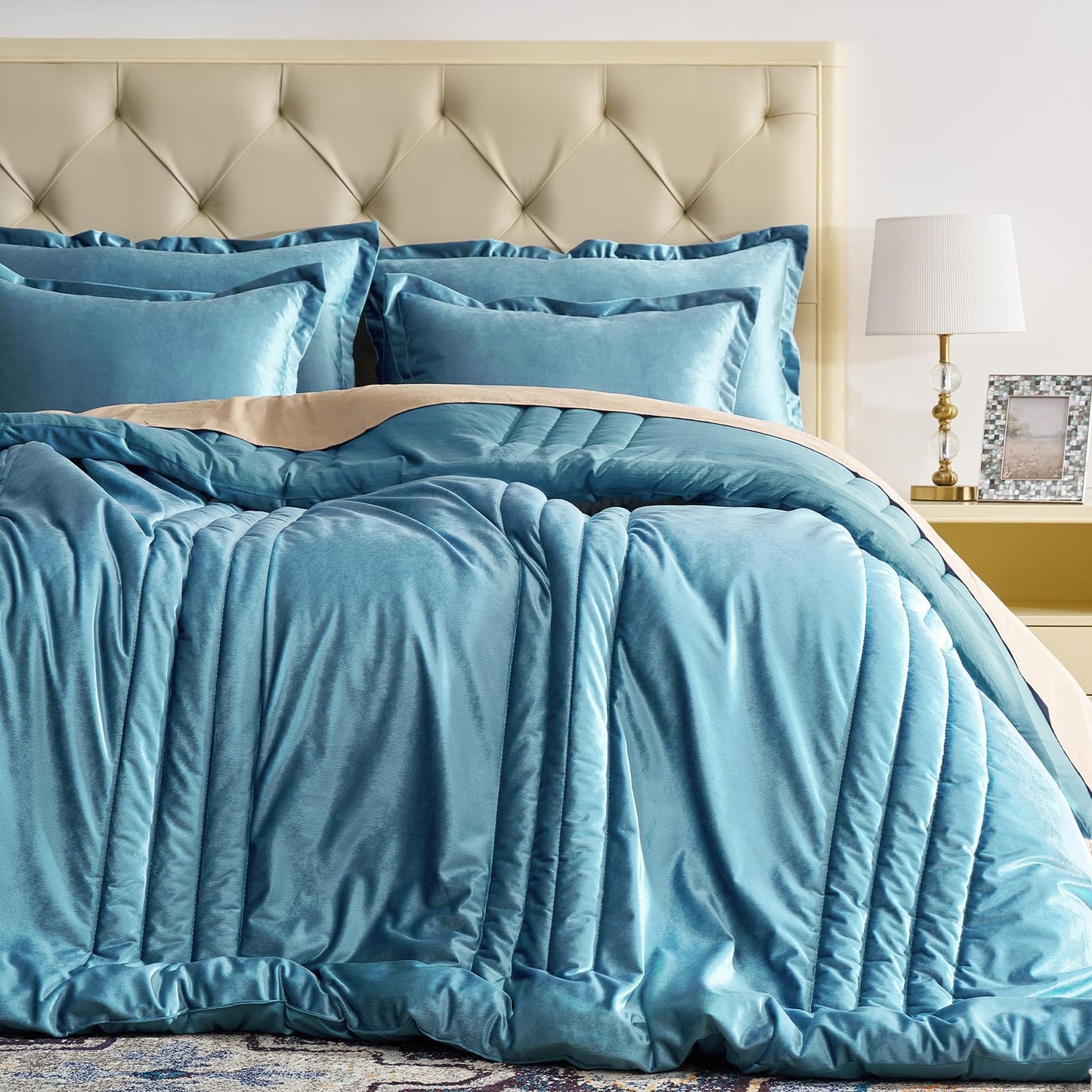 Blue Velvet Bedding Comforter Sets: Queen Size 3 Piece Luxury Ultra Soft Bed Set Suitable for All Seasons - Grayish Blue Cozy Striped Modern Rustic Lightweight Men Women Bedroom Comforter with 2 Shams