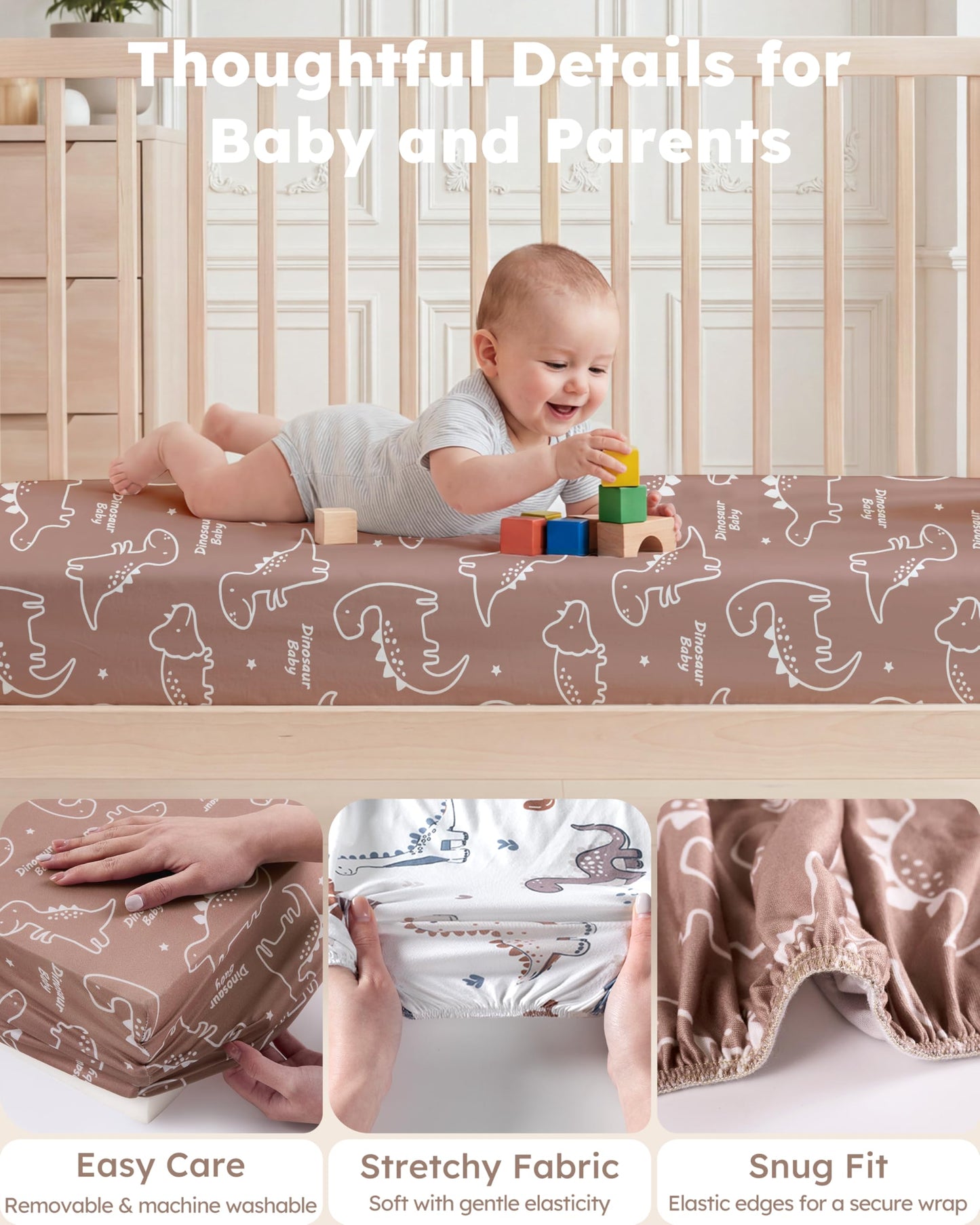 Nyessmee Baby Crib Sheets for Boys and Girls, Fitted Crib Sheets 52" x 28", Soft Breathable Microfiber Sheets for Standard Crib and Toddler Mattress, 2-Pack Brown Dinosaur