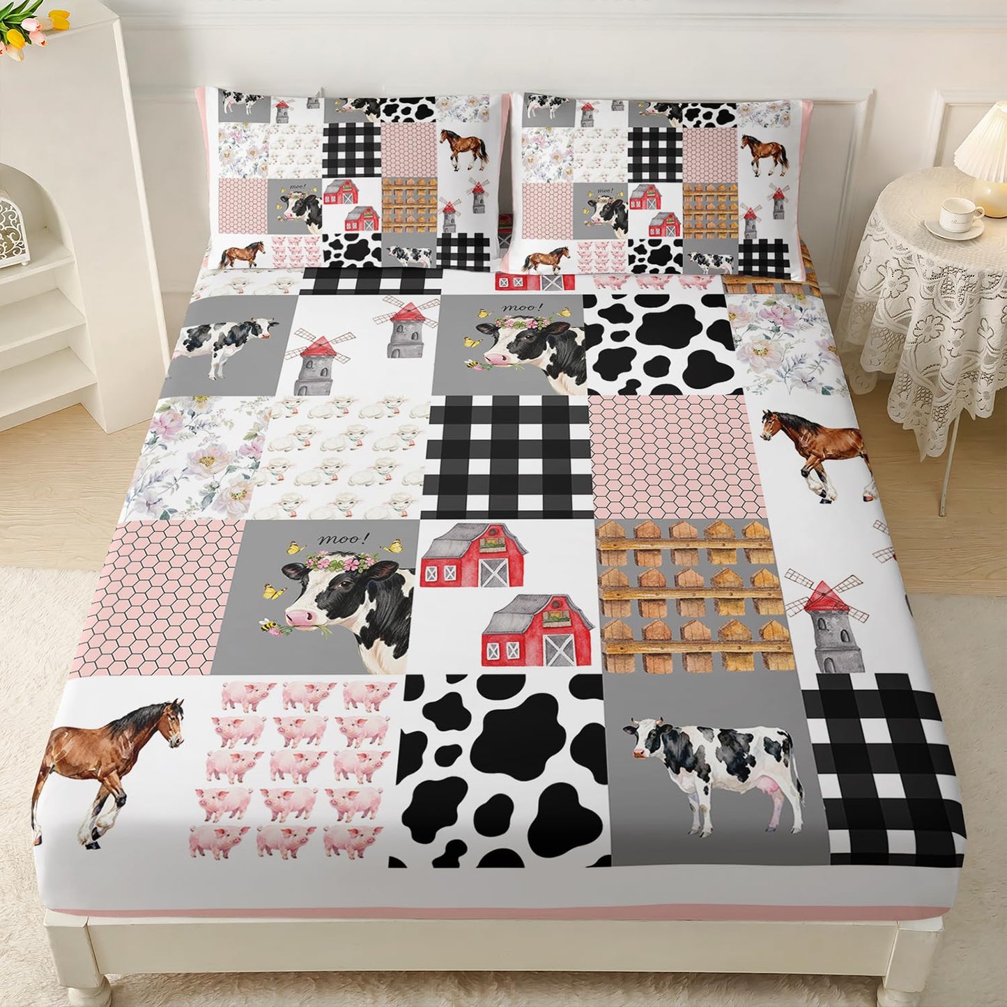HOSIMA Cow Fitted Sheet & Pillowcase Set, Twin Western Country Room Decor Aesthetic for Girls, Cute Farm Animal Pig Cow Horse Twin Bedding Sets, Pink White Gingham