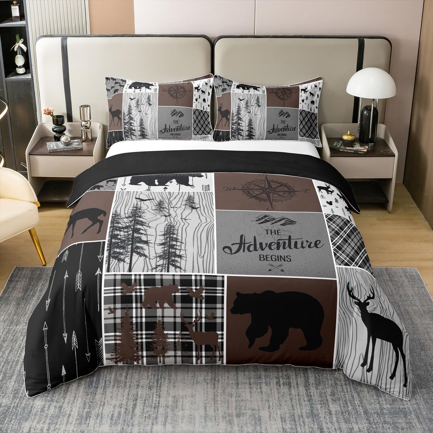 Erosebridal Hunting Deer Bear 100% Cotton Duvet Cover Retro Rustic Farmhouse Comforter Cover Queen Size for Kids Woodland Animal Bedding Set Wildlife Lodge Decor Bedclothes for Boys Teens Adult Room
