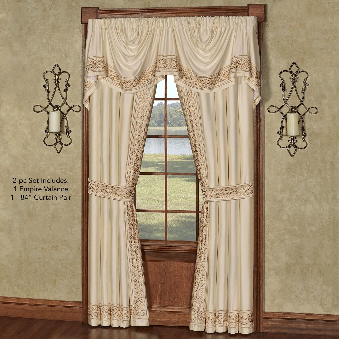Touch of Class Versailles Window Empire Valance & 84L Curtains, Pearl