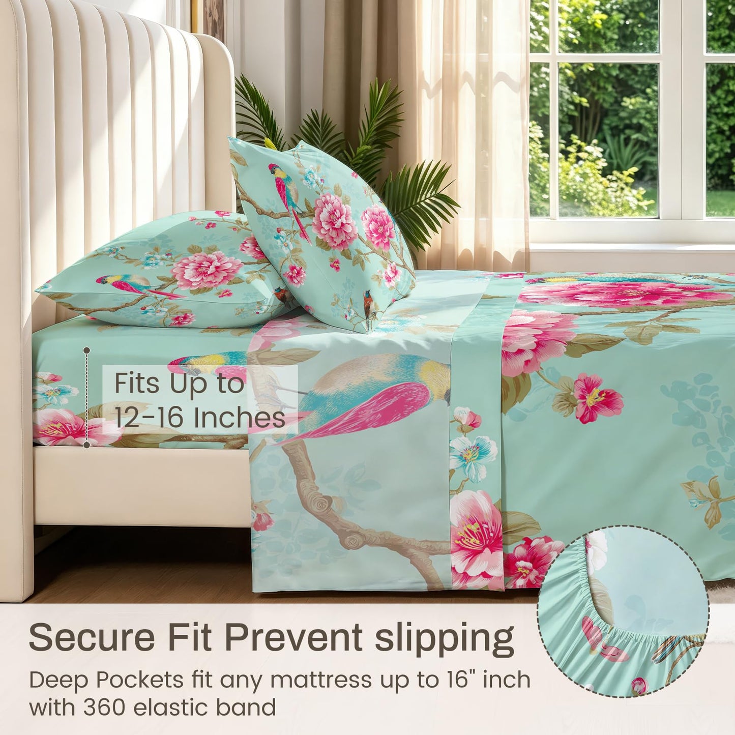 Bird and Peony Bedding Set 4 Pcs Chinoiserie Full Sheets