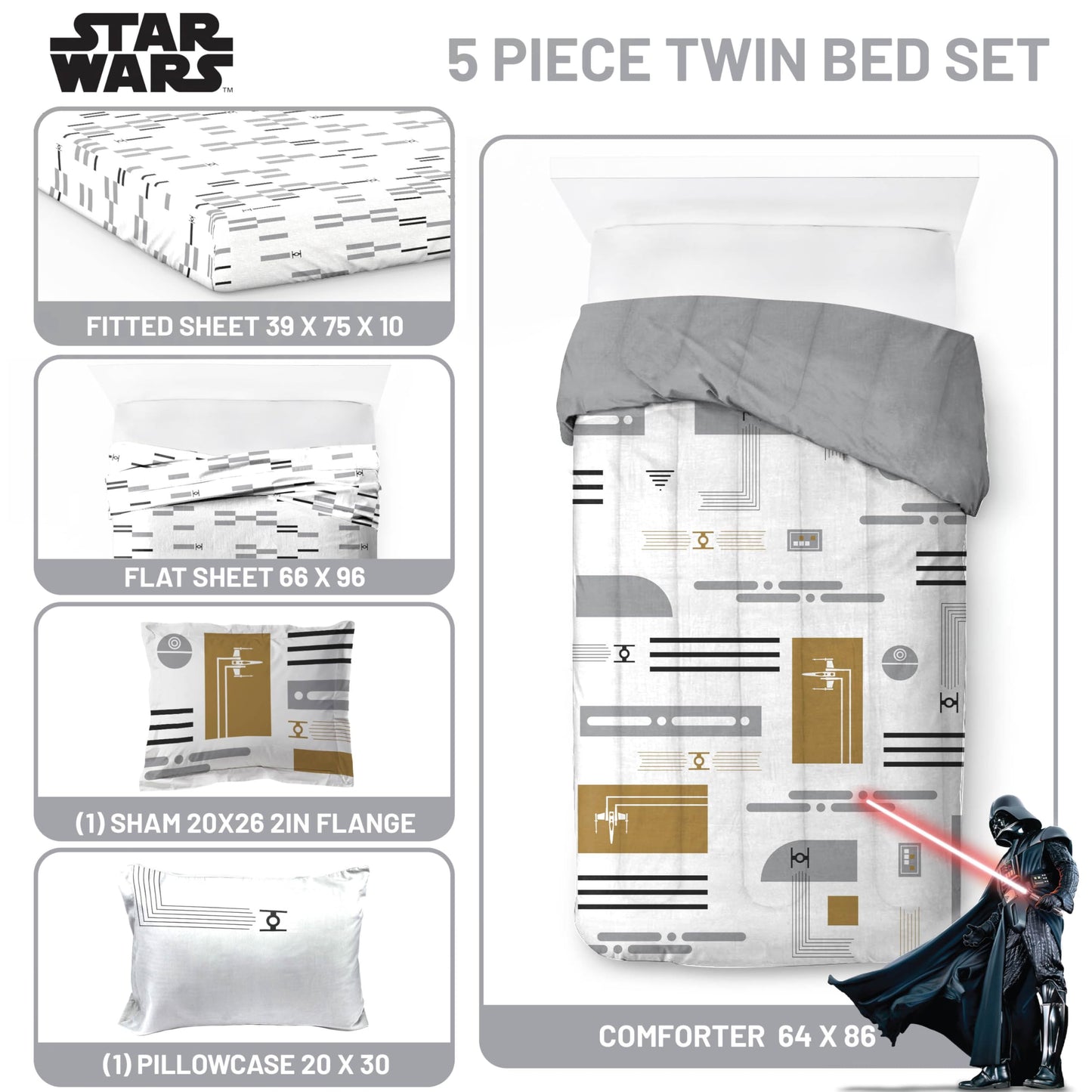Jay Franco Comforter Set Includes Sheets and Pillow Covers - Soft and Cozy Bed Set for Stylish Room Decor, White - Star Wars, 5 Piece Twin Bedding