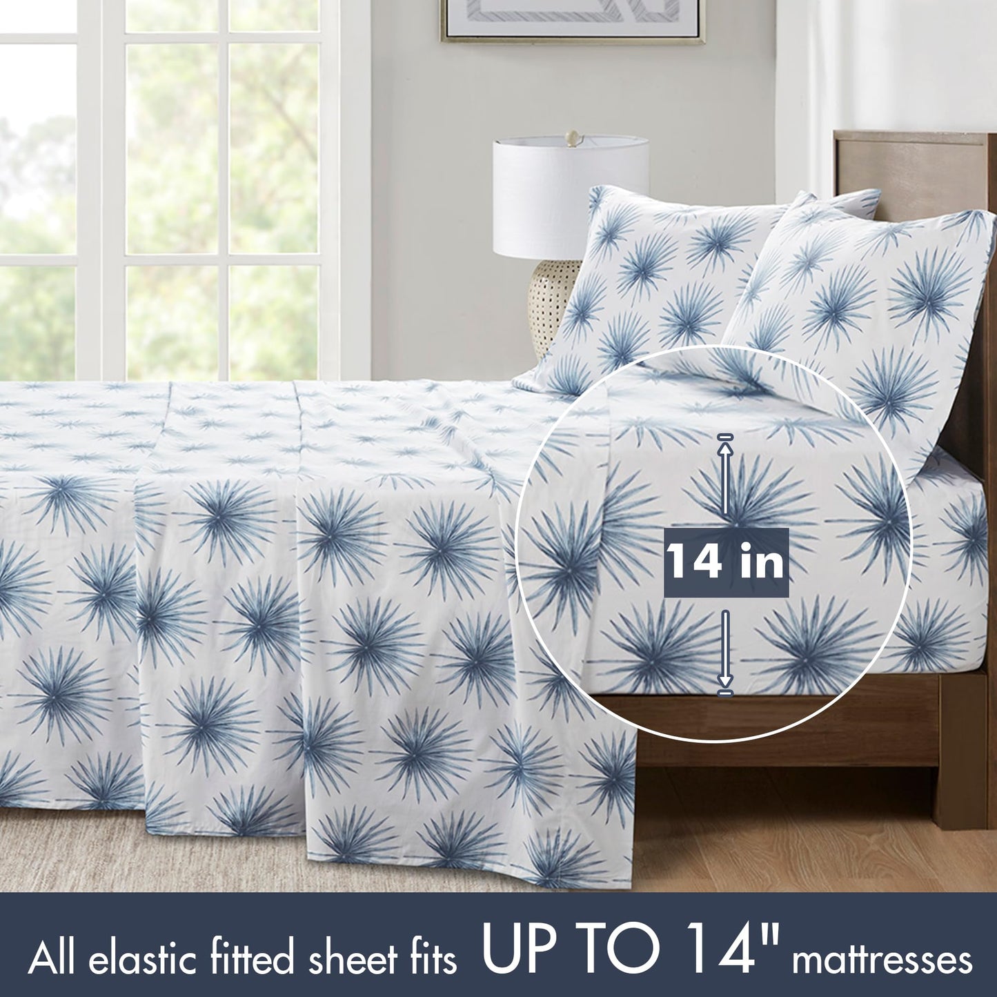 Madison Park 100% Cotton Sheets, Breathable & Soft Cotton Bed Sheets, Printed Design, Elastic Pocket Cotton Sheet Set Fits Up to 17" Mattress, All Season, Full Blue Palmetto 4 Piece