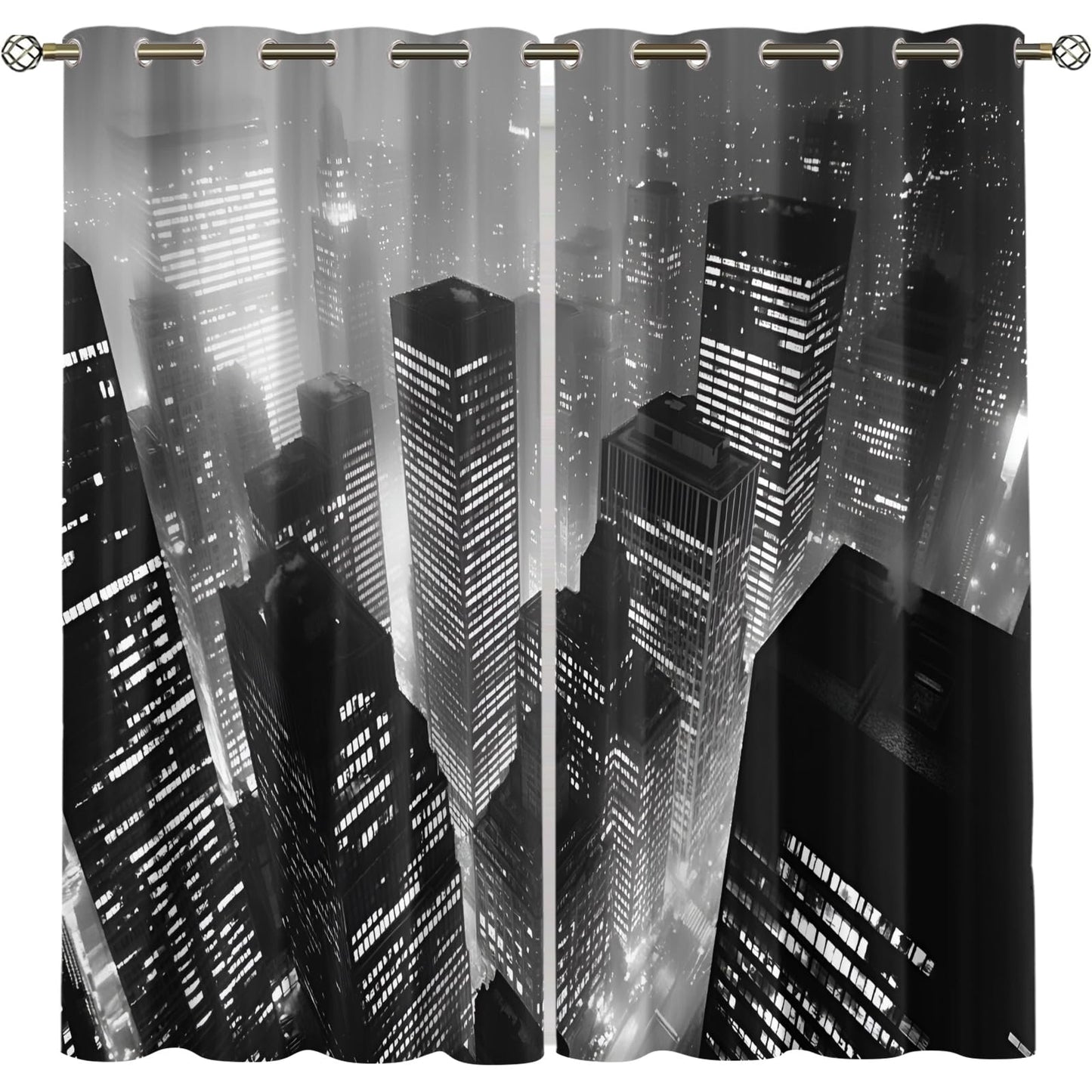 City Night View Blackout Curtains, Black and White Buildings Curtains for Living Room, City Aesthetics Black Out Bedroom Curtain Thermal Insulated Grommet Drapes 2 Panels, for Boys Room 26"W x 63"L x2
