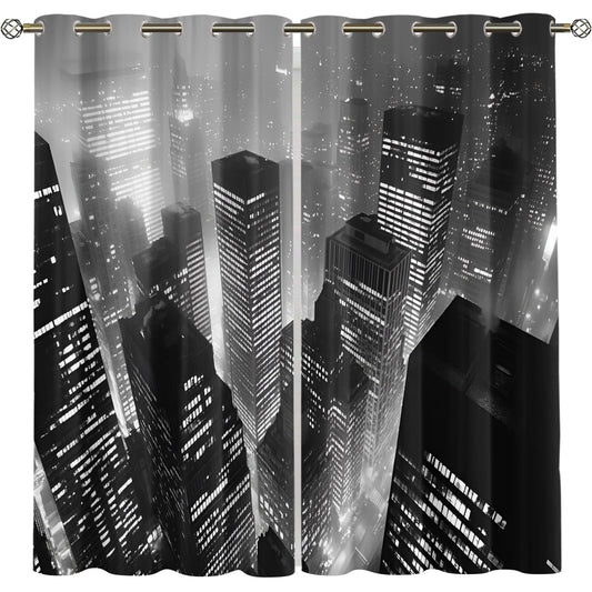 City Night View Blackout Curtains, Black and White Buildings Curtains for Living Room, City Aesthetics Black Out Bedroom Curtain Thermal Insulated Grommet Drapes 2 Panels, for Boys Room 26"W x 63"L x2