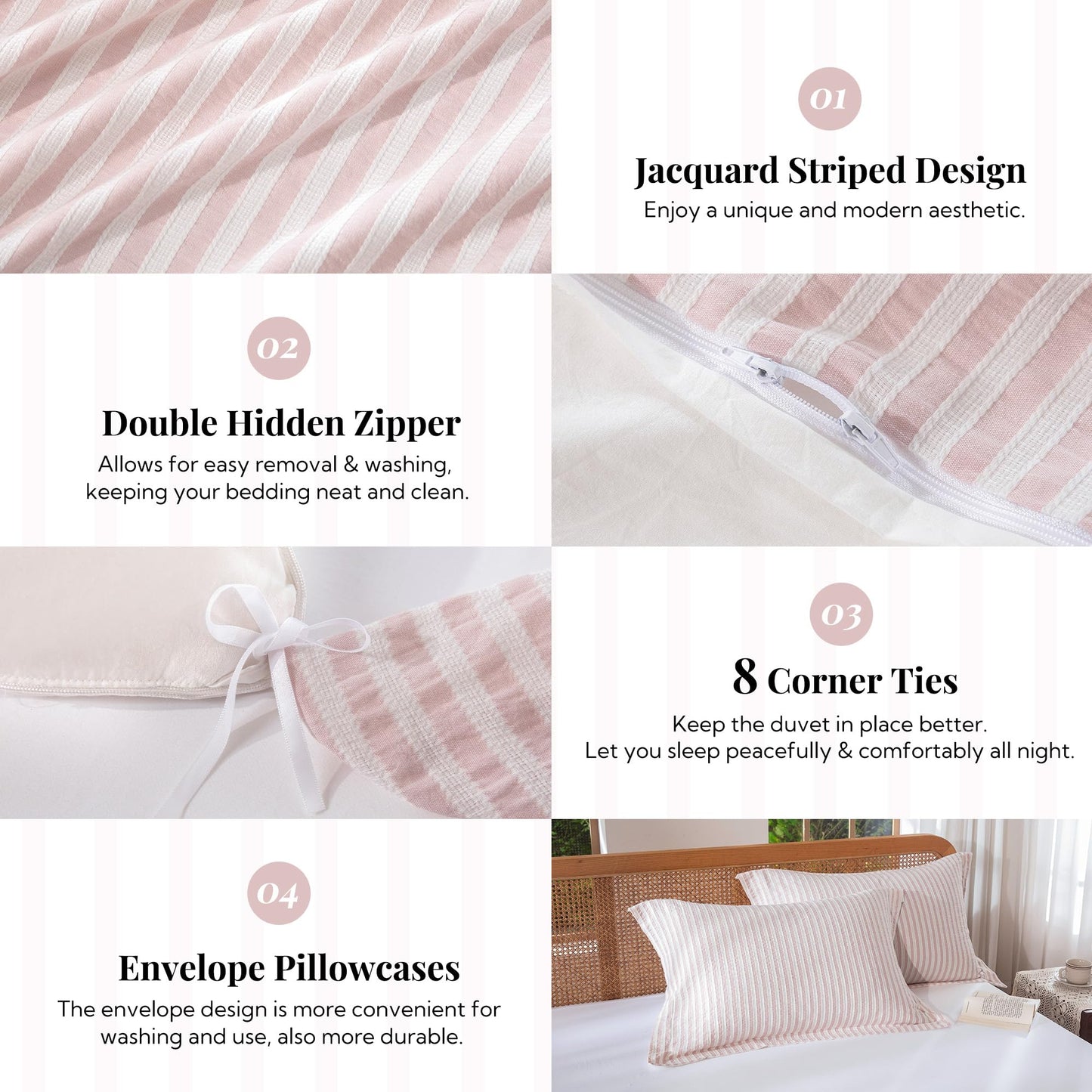 MILDLY Pink Striped Duvet Cover - 100% Washed Cotton Boho Jacquard Textured Comforter Cover Set 3pcs with Dual Zipper Closure & 8 Corner Ties Soft & Lightweight for All Season 90"x90"