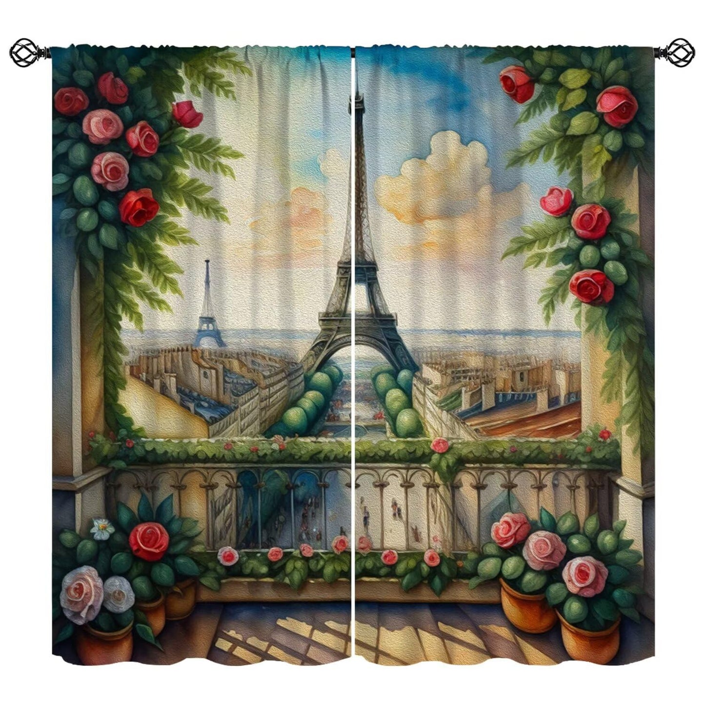 Wallira Paris Eiffel Tower Scene Curtains,Cityscape Rural Oil Painting Landscape Rose Decor Rod Pocket Window Treatments for Girl Women Aldult Bedroom Living Office Restaurant Drapes 41" W X 45" L