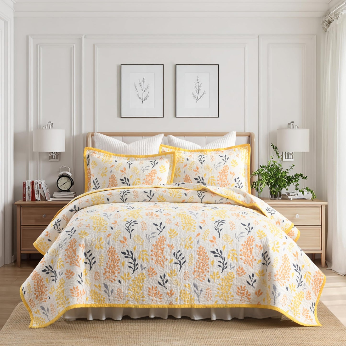 Cinefoso King Size Quilt - Floral Quilt Bedding Set 100% Cotton - Lightweight Farmhouse Bedspread for All Season 3-Piece - Yellow/White/Orange