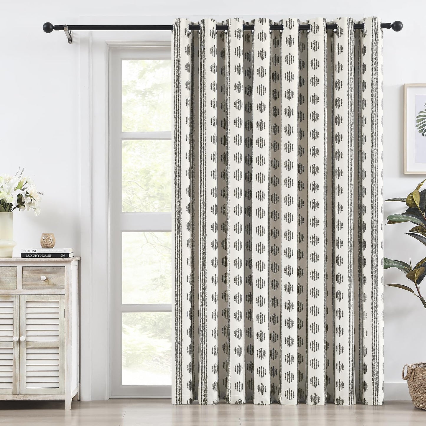 Melodieux Blackout Boho Curtain 84 Inch Long for Bedroom 1 Panel Extra Wide Cotton Curtains Black on Beige Striped Pattern Bedroom Curtains Grommet Room Darkening Thermal Insulated
