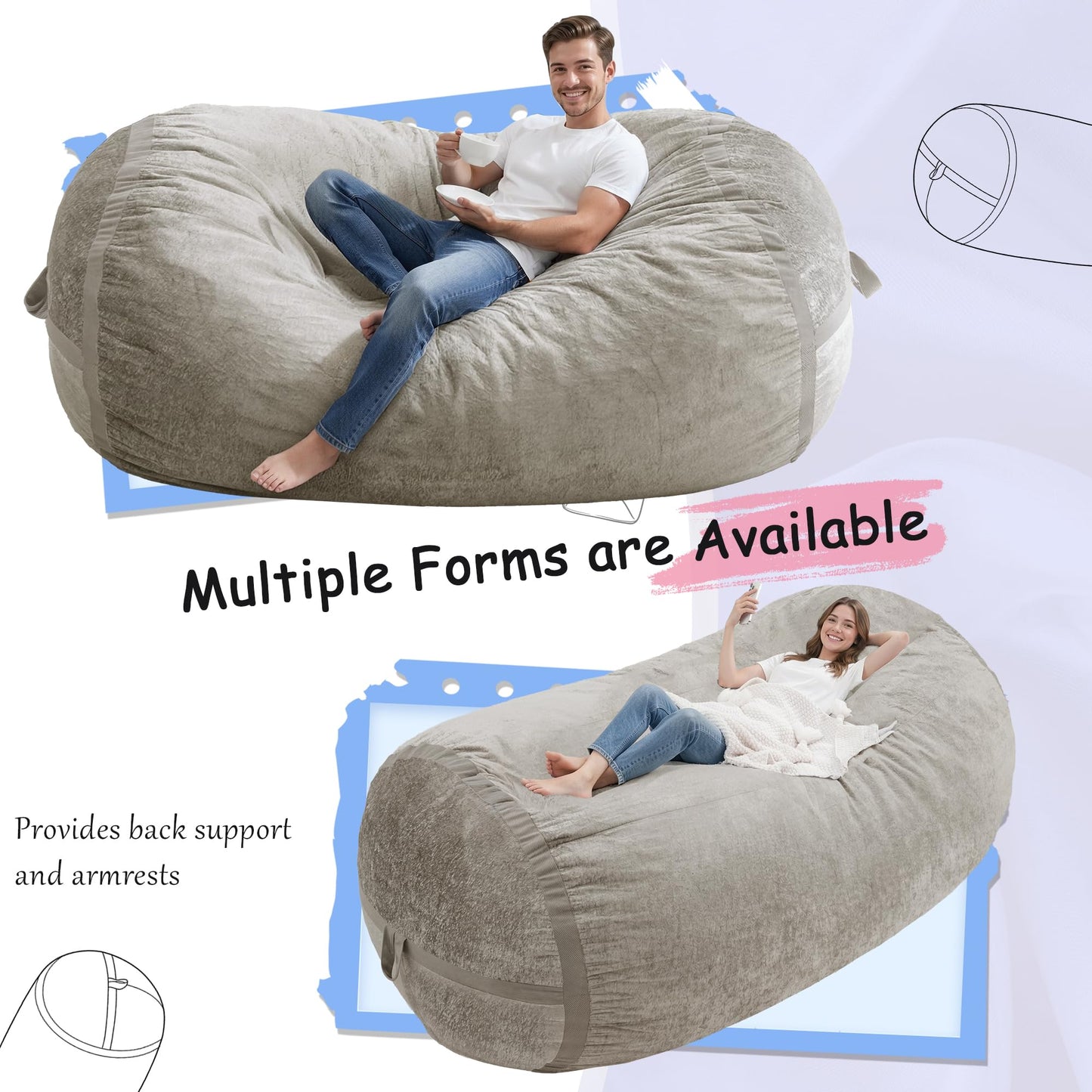 Homguava 6FT Bean Bag Chair Giant Bean Bag Chairs for Adults with Memory Foam Filled,Beanbag Chair with Soft Faux Fur Cover,Comfy Bean Bag Sofa Lounger for Living Room,Game Room,Bedroom