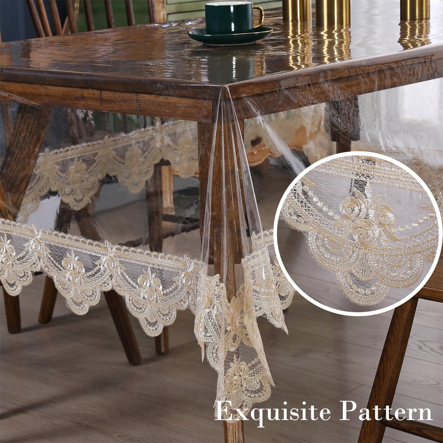 Rakila Clear Plastic Rectangle Tablecloth Vinyl Waterproof Table Cloth Embroidered Lace Edge Transparent Table Cover for Dining Kitchen Outdoor(60 x 98 inch, Coffee Style 2)