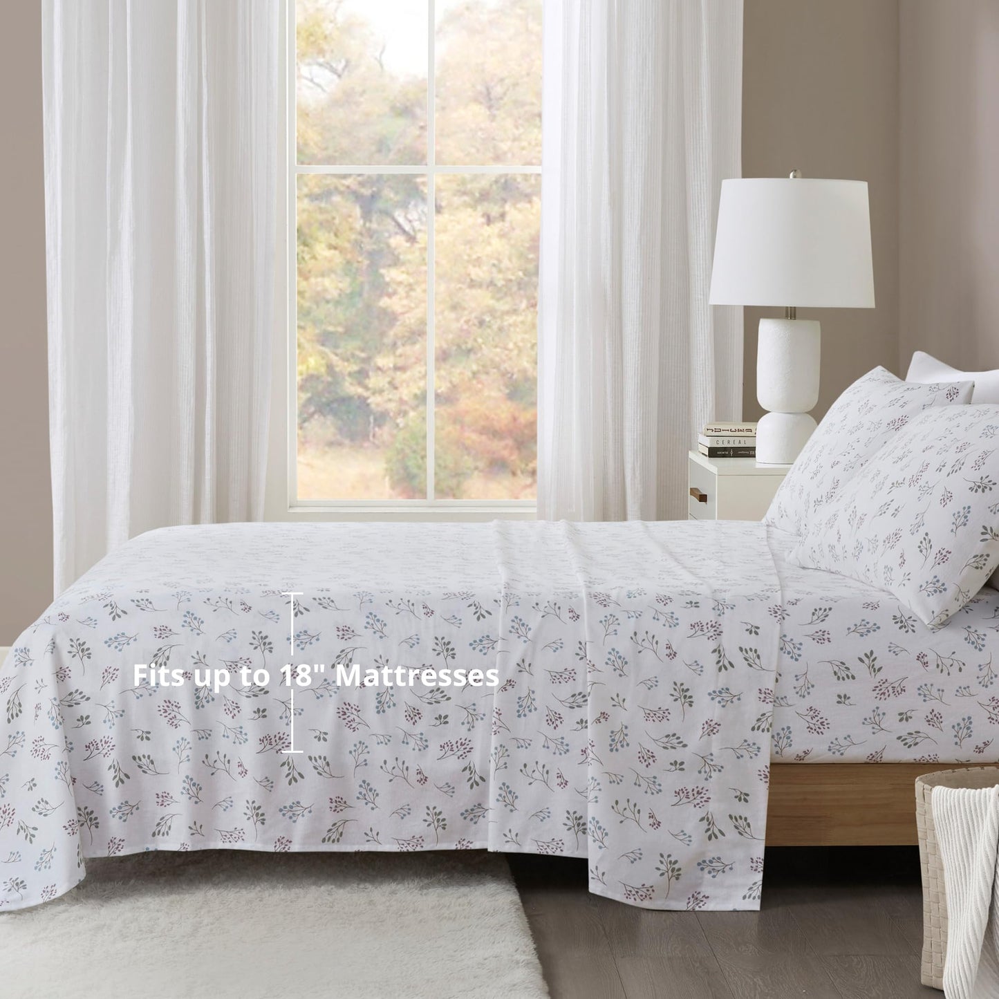 Beautyrest Cotton Sheet Set Cozy Print 100% Cotton Flannel Sheets Warm & Fuzzy Bedding Set, Oversized Sheets, Deep Pocket Fits Up to 16" Mattress Cozy Full Bed Sheets Full Tossed Botanical 4 Piece