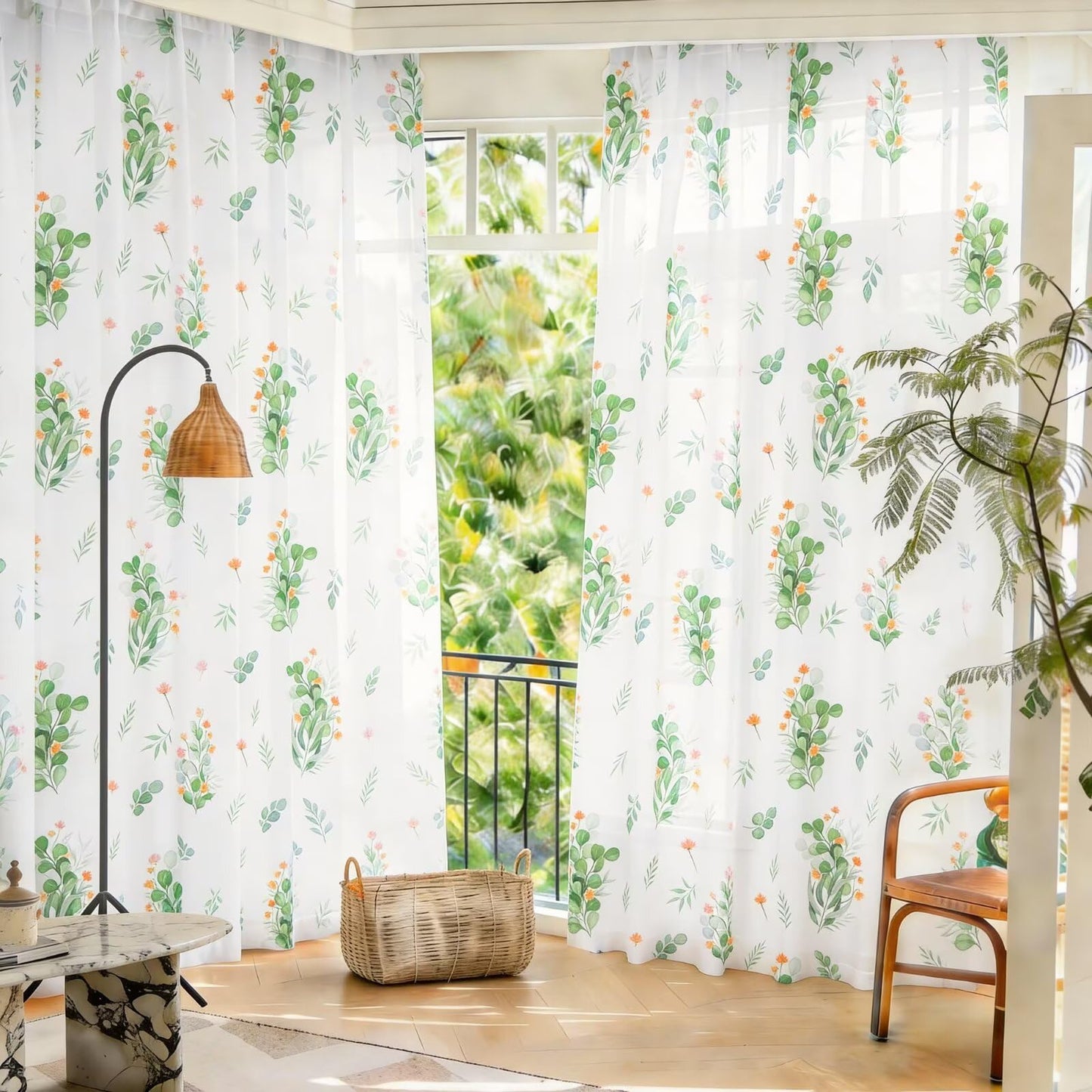 youleyar Floral Sheer Curtains for Living Room 84 Inches Long 2 Panels White Semi-Sheer Curtain with Green Floral Printed Pattern Summer/Spring Rod Pocket Voile Drapes for Bedroom, 52" W x 84" L