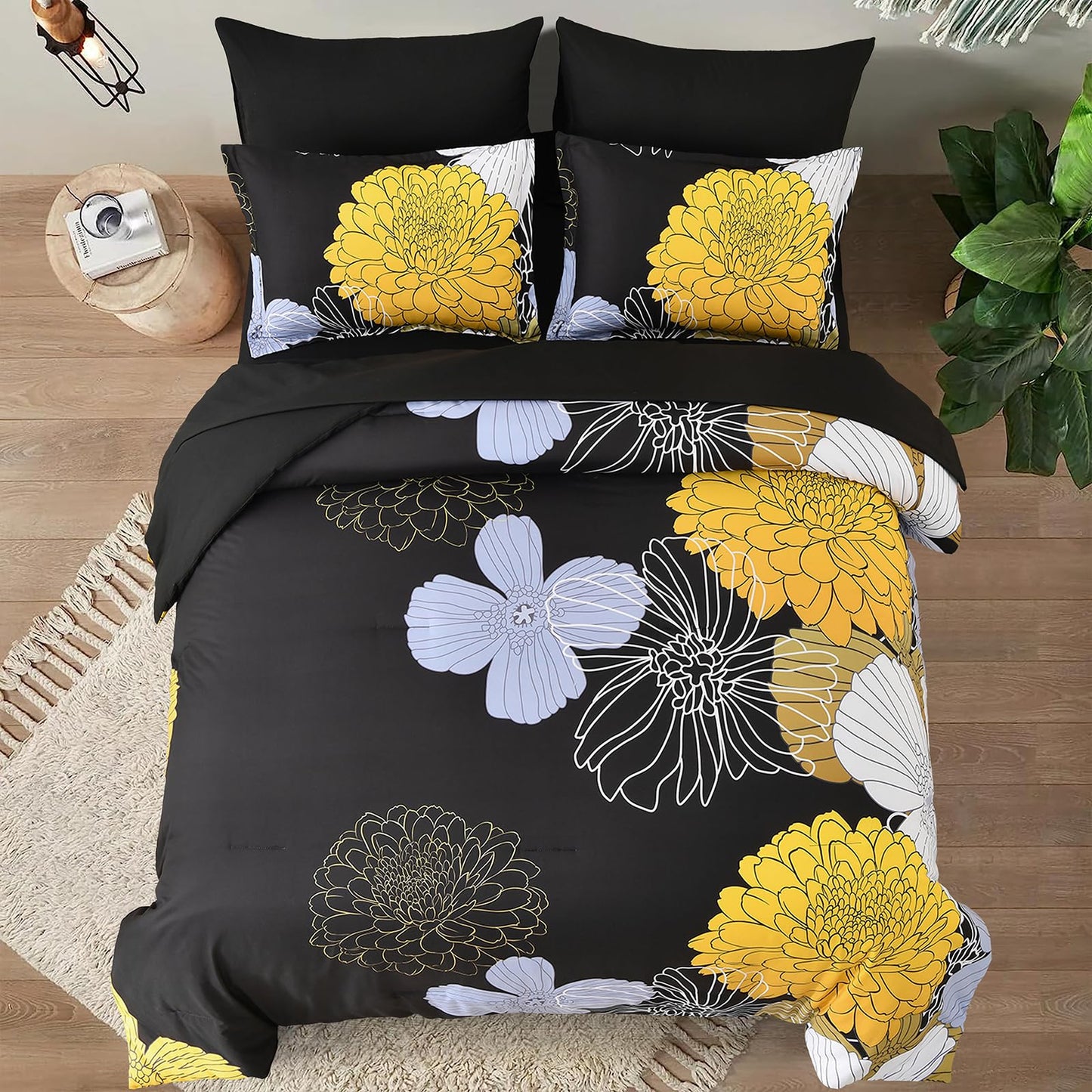 Yiran Bed in a Bag Queen Yellow Black Comforter Set 7 Pieces Soft Microfiber Floral Boho Bedding Set with 1 Comforter 1 Flat Sheet 1 Fitted Sheet 2 Pillowshams 2 Pillowcases