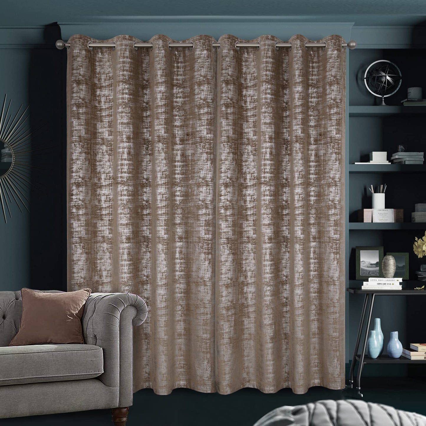 always4u Mocha Soft Velvet Curtains 95 Inch Length Luxury Bedroom Curtains Silver Foil Print Window Treatments for Living Room Bedroom Set of 2