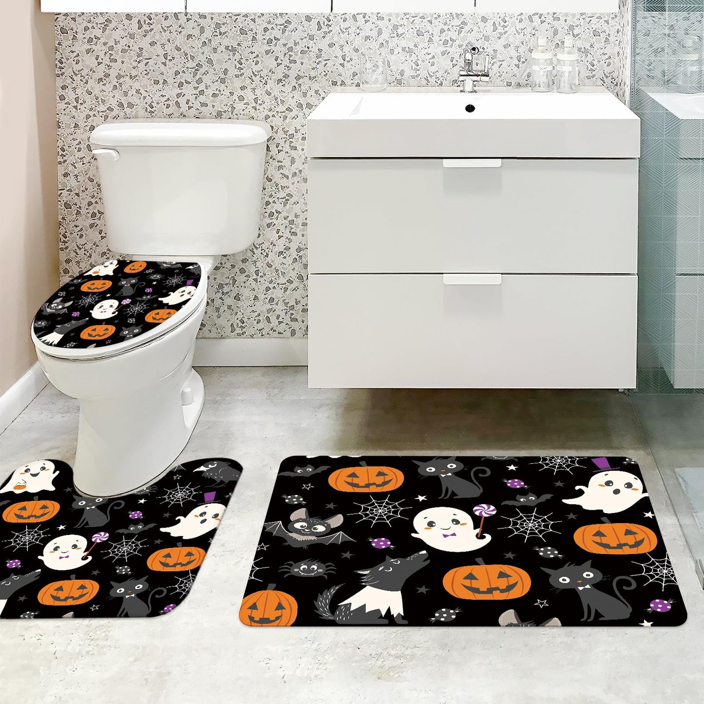MEHOFOND 4pcs Halloween Boo Shower Curtain Set,Halloween Spooky Shower Curtain Sets,All Hallows' Eve Skull Bat Spider Bathroom Decor for Kids with Non-Slip Rugs Toilet Lid Cover and Bath Mat 72x72 in