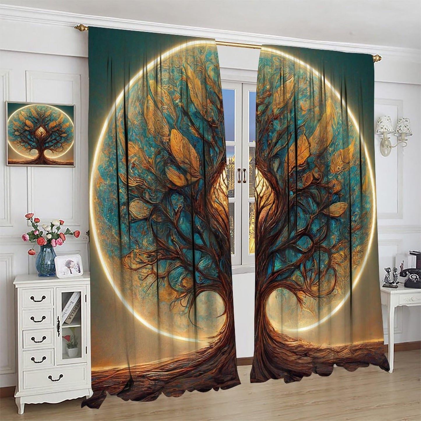 HZOHNAGO Tree of Life Curtains Retro Vibrant Forest Golden Tree Pattern Decor Print Rod Pocket Window Drapes for Bedroom Living Room 42x45in