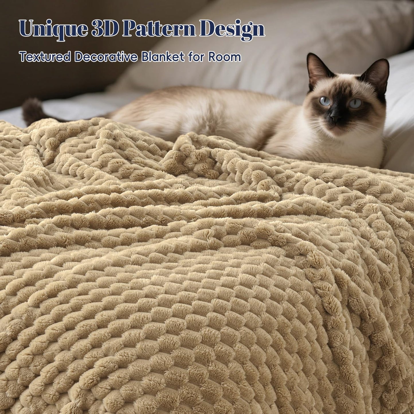 PHF Ultra Soft Flannel Fleece Throw Blanket, Lightweight 3D Jacquard Fleece Blanket, No Shedding, No Pilling, Luxury 340GSM Fluffy Cozy Throws for Couch Room Decor, 50"x60", Khaki