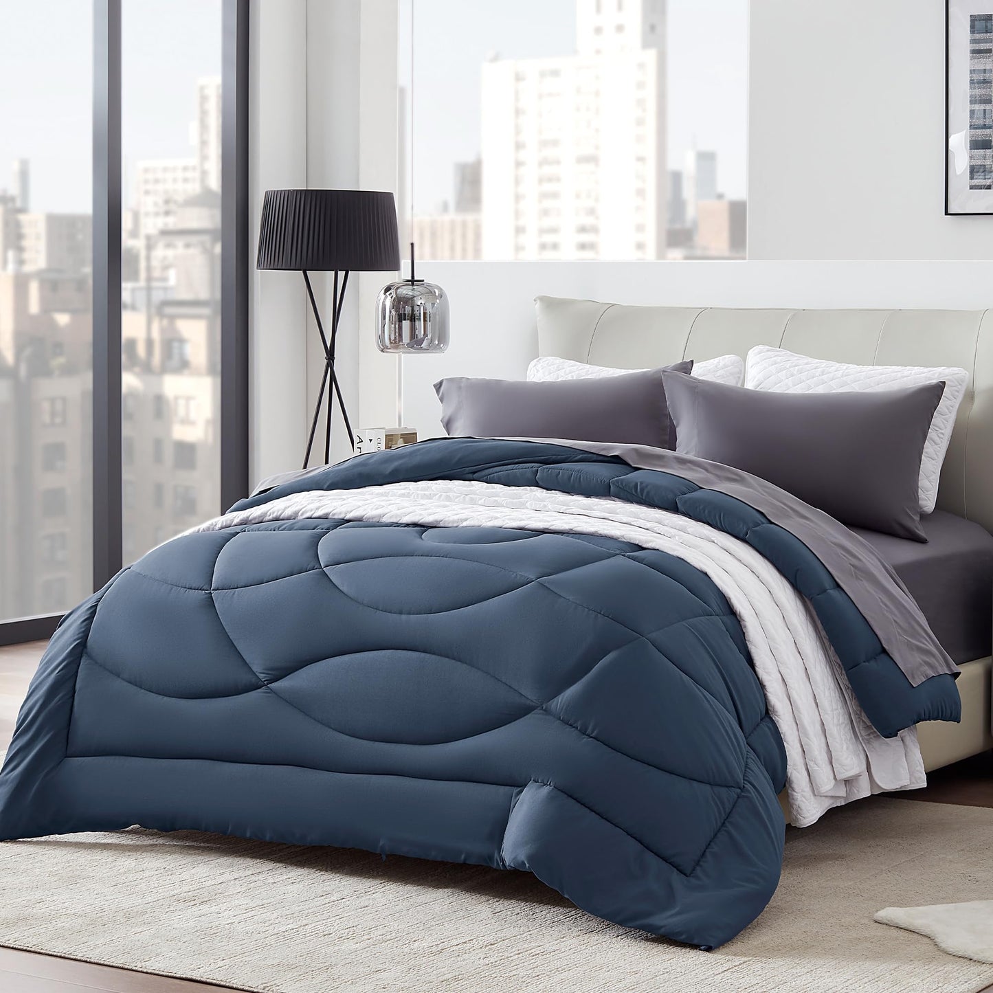 SLEEP ZONE Comforter Duvet Insert, Queen Size Quilted Reversible Comforters, Soft All Season Duvet, Down Alternative Breathable Bedding with 8 tabs, 2 Sides Flint Blue 88 x 88 Inches