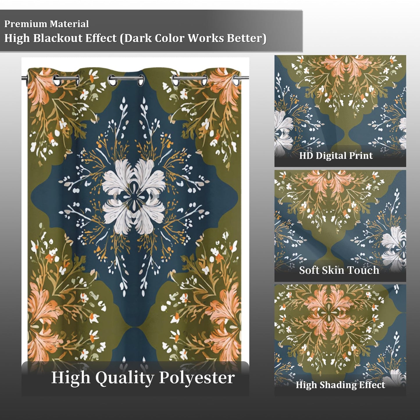 Vintage Floral Blackout Curtains for Bedroom 63 inch Long