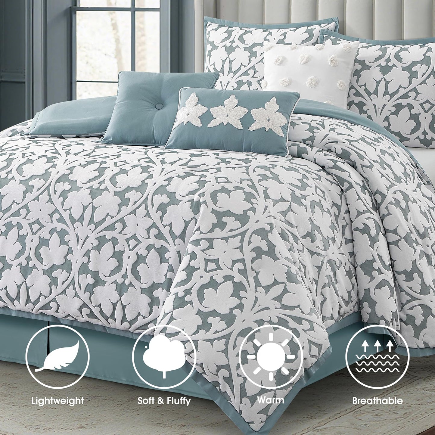 LANCO MODERN LIFESTYLE 7 Pieces Comforter Set, King, Blue, Jacquard Floral Pattern and Classy Damask Medallion Design, Ultra Soft, Includes Bed Skirt, Shams, and Decorative Pillows