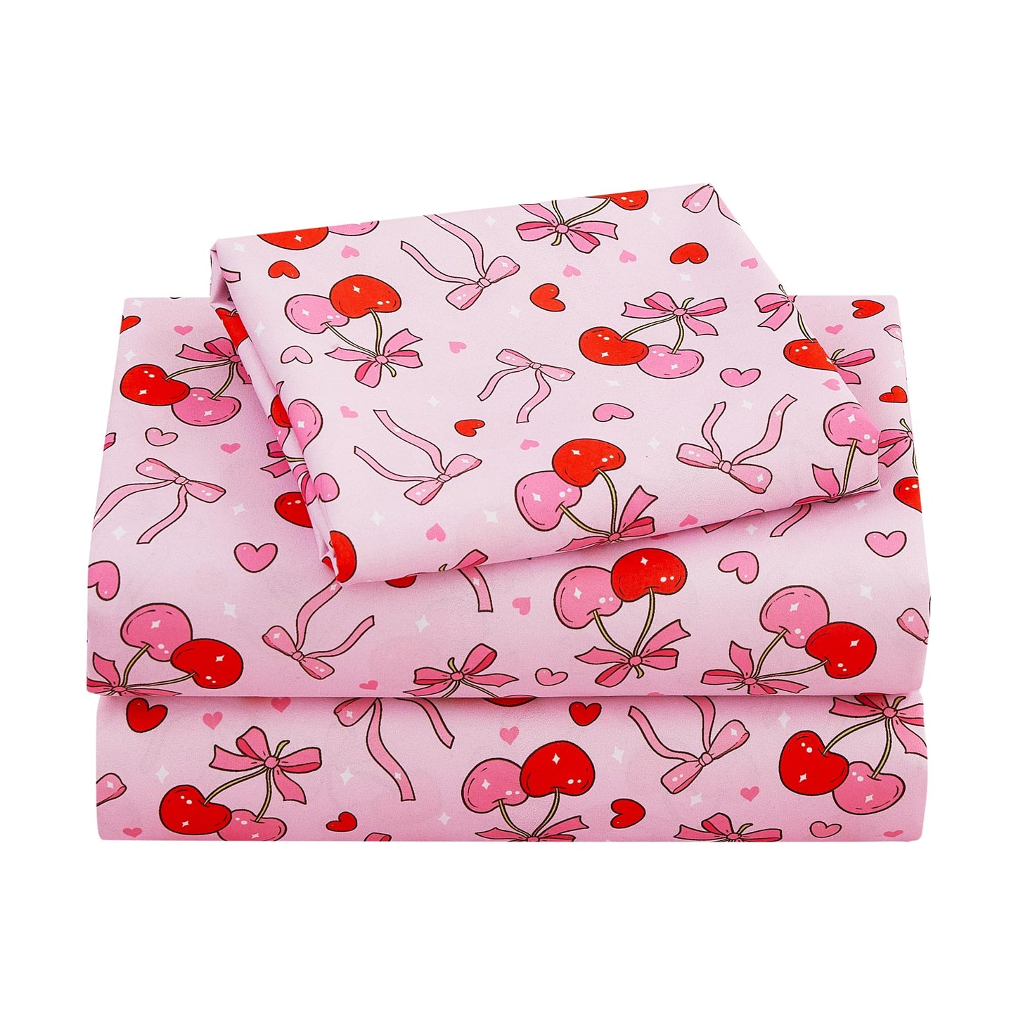 Viviland 3 Pieces Girls Bow Cherry Twin Sheet Set - Soft Microfiber Fitted Flat Sheets & Pillowcase Bed Sheet Set - Pink Bedding Sets for Kids