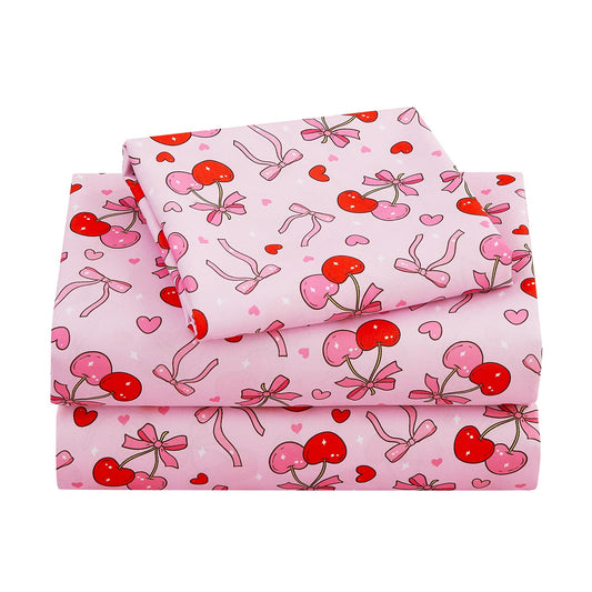 Viviland 3 Pieces Girls Bow Cherry Twin Sheet Set - Soft Microfiber Fitted Flat Sheets & Pillowcase Bed Sheet Set - Pink Bedding Sets for Kids