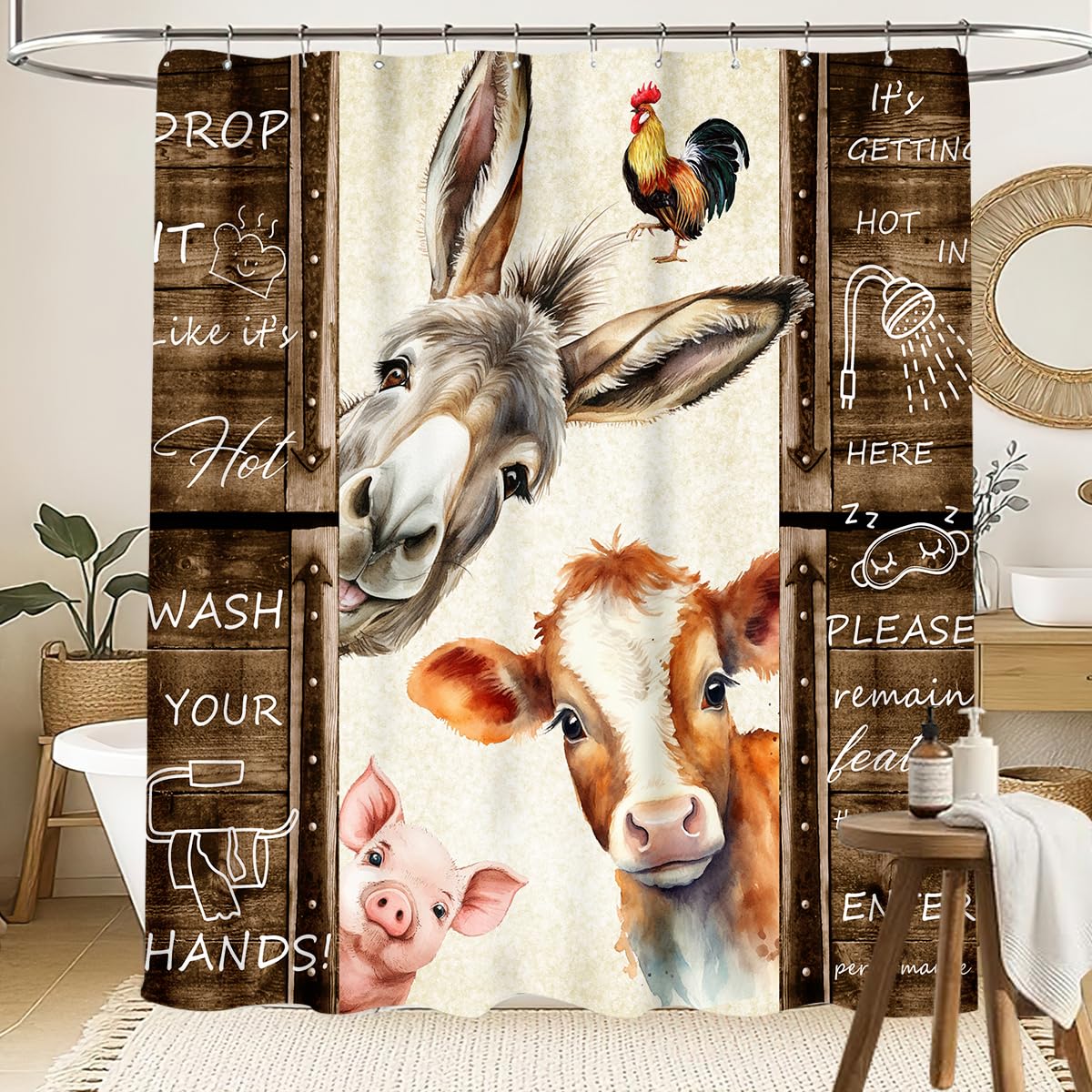 Drapeloft Farmhouse Shower Curtain, Rustic Farm Animals Cow Chicken Pig Donkey Animal Rustic Farmhouse Brown Rural Country Style Waterproof Fabric Bathroom Shower Curtain Set with Hooks, 72"x72" Inch