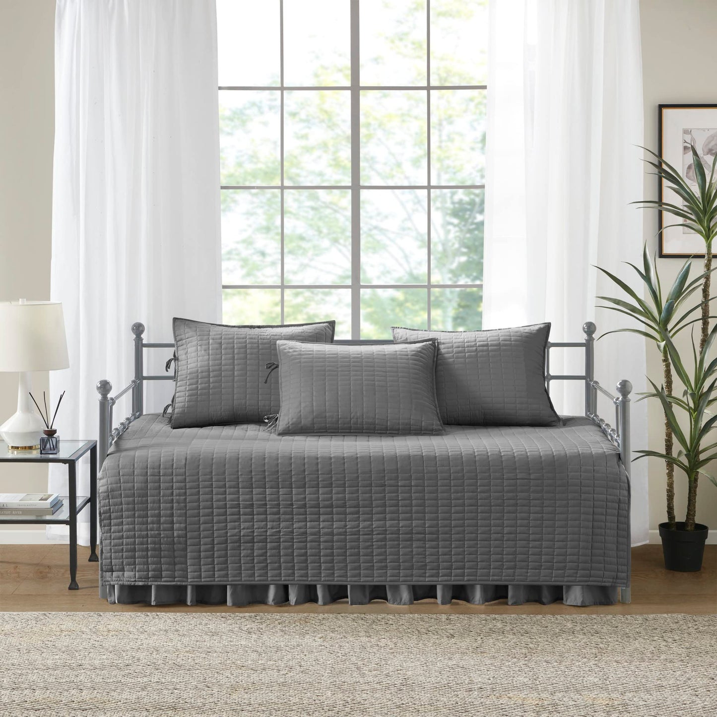 Comfort Spaces Daybed Cover- Luxe Double Sided -Quilting, All Season Cozy Bedding with Bedskirt, Matching Shams, 75'x39' Charcoal Grey 5 Piece