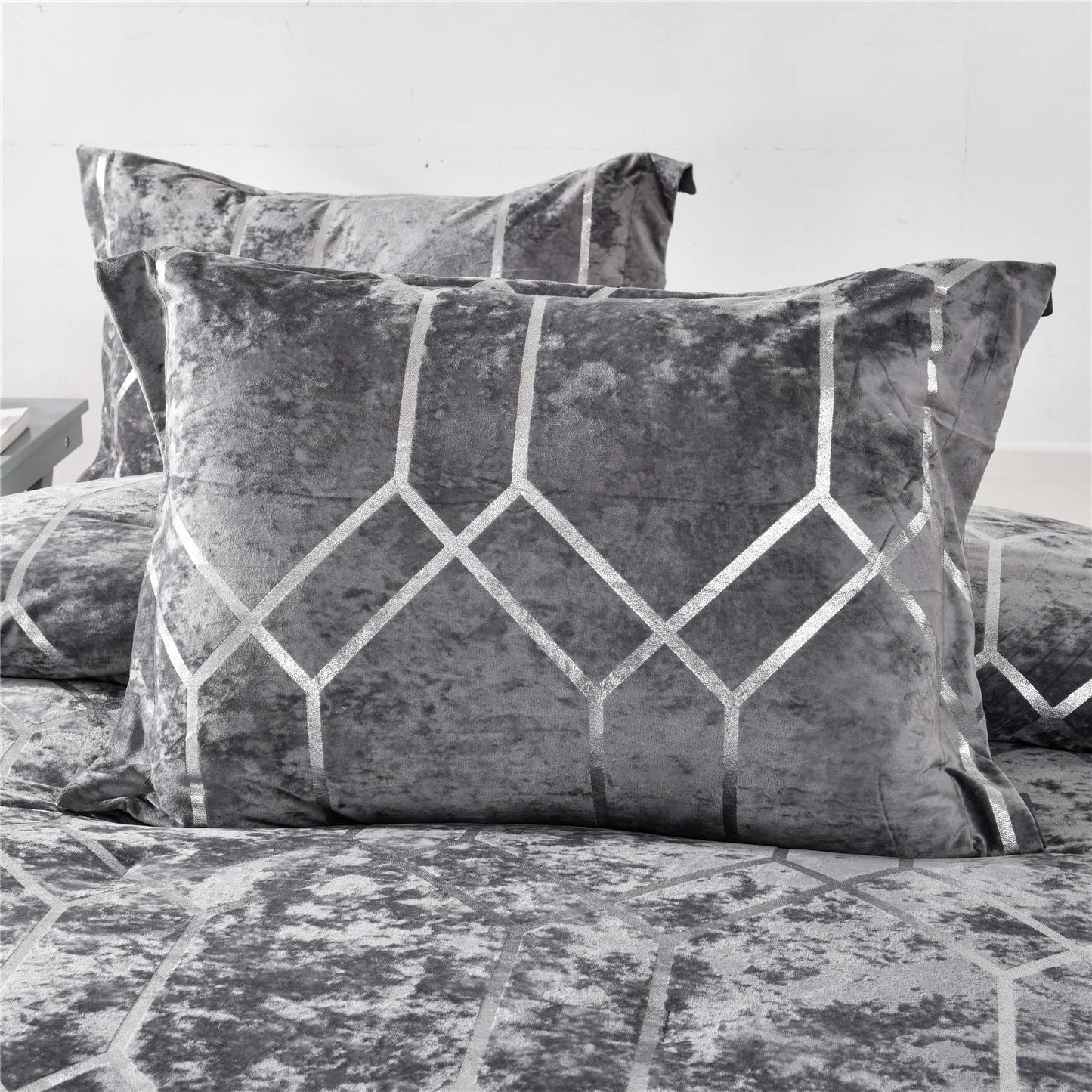 Sunshine Nicole Metallic Print Comforter Set, Distressed Velvet Face with Metallic Print and Brushed Solid Microfiber Reverse, with Light Weight Soft Poly Fill, 3 Pieces Grey Silver, Queen
