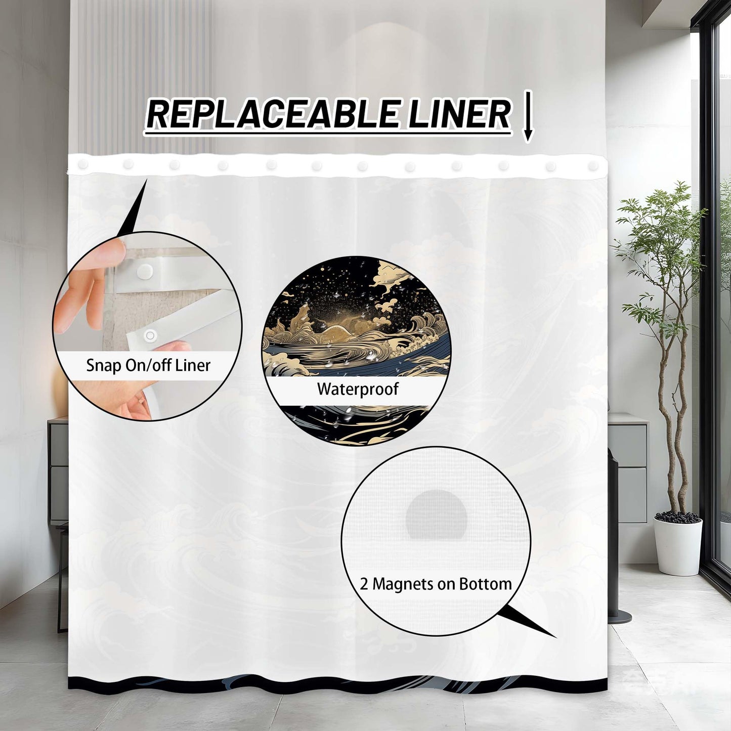 DLTAY Anime Hookless Shower Curtain, Japanese Great Waves, 71" W x 74" L