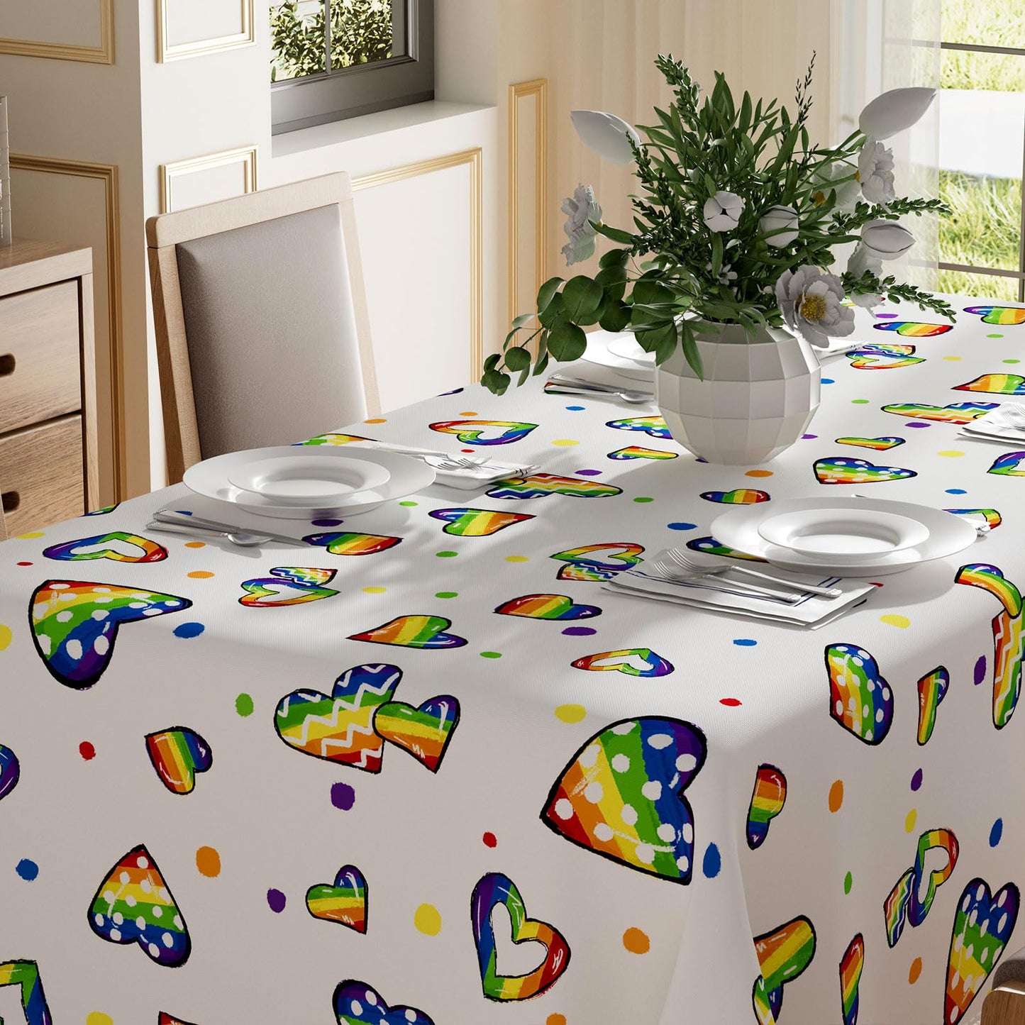 XCHI Rainbow Love Heart Dots LGBTQ Tablecloth Rectangle Pride Day Inclusion Gay Transgender Queer Equality for Indoor Outdoor Dining Home Party Decorations 60x84 Inch