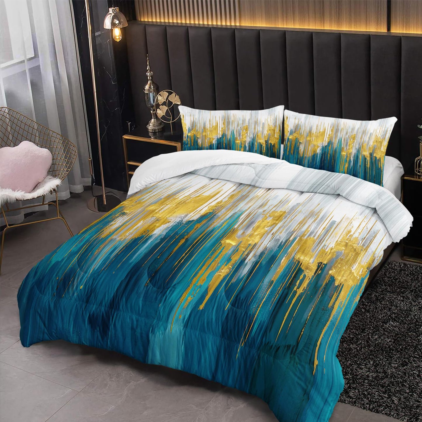 Nttopship Lake Blue White Golden Gradient Print Comforter Set King Size,Abstract Art Bedding Set,Patchwork Printed Quilted Set for Teens Adult,with 1 Comforter and 2 Pillow Case