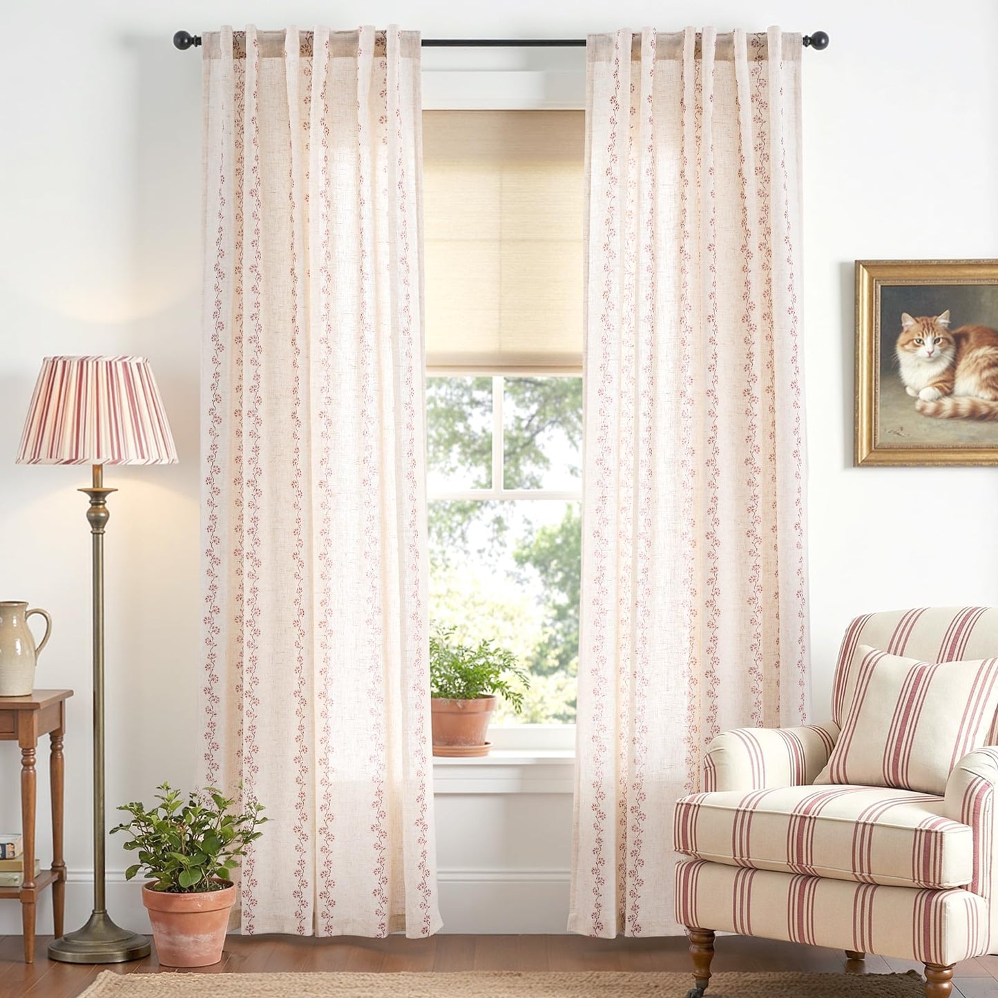 Lazzzy Cathy Linen Floral Curtains for Living Room Terracotta Curtains for Bedroom Farmhouse Drapes 84 Inches Length 2 Panels Back Tab W50 x L84 Terracotta on Linen