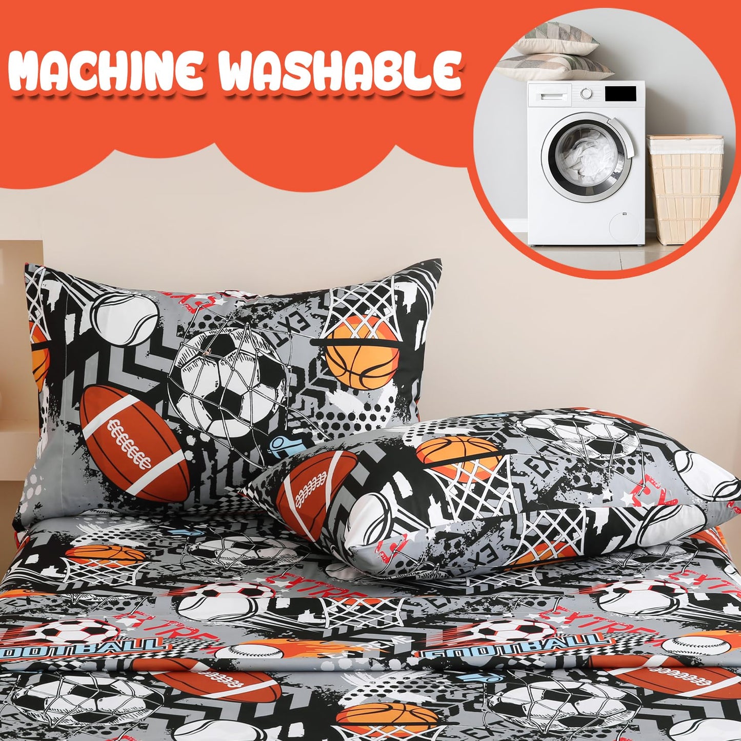 Yibeizi Grey Sports Sheet Set for Boys Twin, Kids Football Basketball Baseball Print Bedsheets Microfiber Deep Pocket Cute Patterned Bed Sheet & Pillowcase Sets 3 Pieces