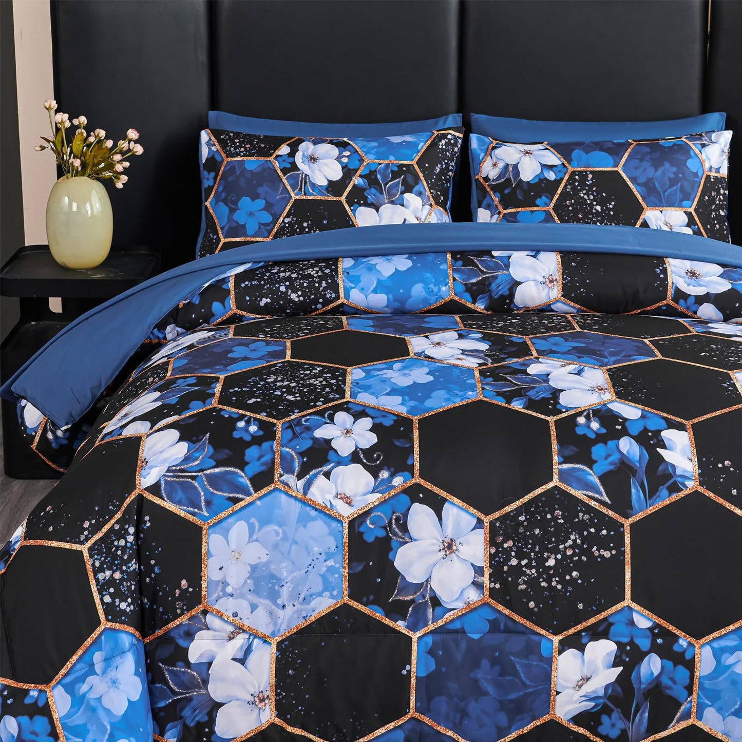 ANGIYUIN 7 Pieces Blue Black Full Size Bedding Sets Marble Comforter Set White Floral Bedding Comforter Sets Gold Geometric Bed in A Bag with Sheets for Women Men