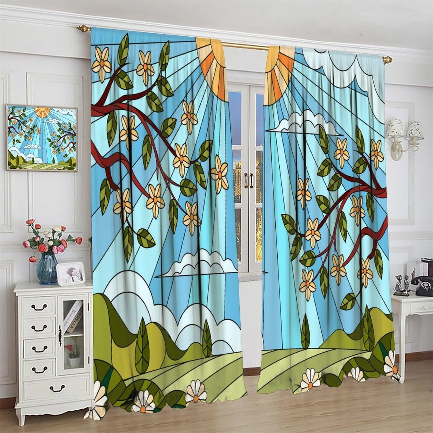 TYVGICZ Stained Glass Curtain Medieval European Cathedral Window Curtains for Bathroom Bedroom Home Decor Colourful Glass Art Blue Window Curtain 2Panel, 42x45 Inch