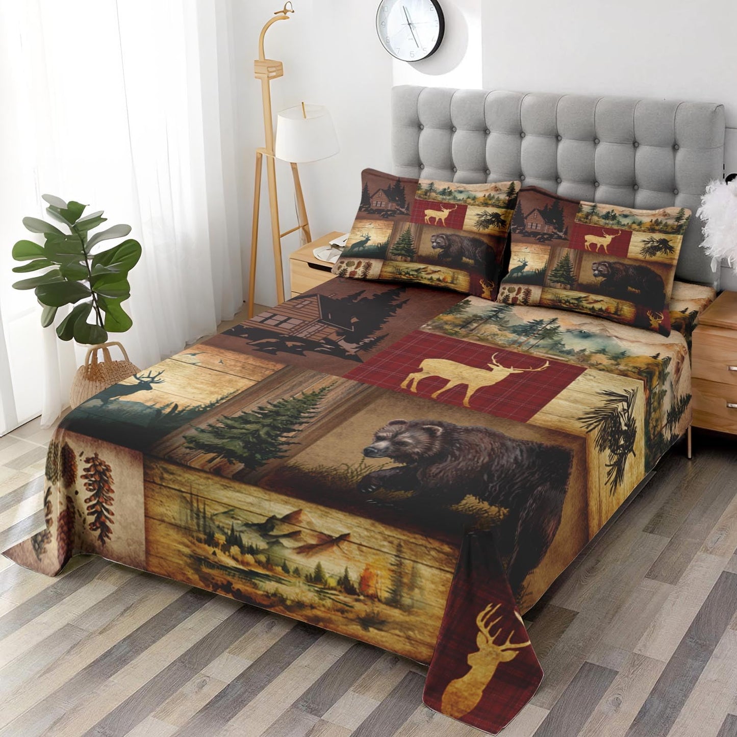 Pamnest Full Size Bed Sheet Sets, Camp Bear Mountain Soft Microfiber 4 Pcs Bedding Sets for Kids and Adults Bedroom Bed Decor, Wildlife Brown Pine Tree Flat, Fitted Sheet and 2 Pillowcases