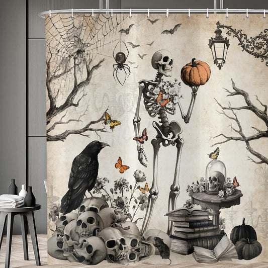 deFouliao Halloween Skull Shower Curtain Skeleton Vintage Spooky Crow Tree Spider Web Pumpkin Bathroom Curtain Sets for Halloween Themed Bath Home Decor with Hooks, 72x72 Inch
