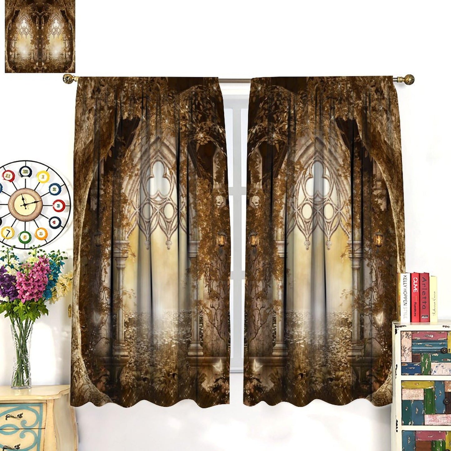 YCness Fantasy Nature Autumn Leaves Curtains, Landscape Golden Sparkle Gothic Fantasy Gate Magic Dreamland Fairy Window Treatments for Kitchen Living Room Bedroom Home, 2 Panels 42x45 Inch