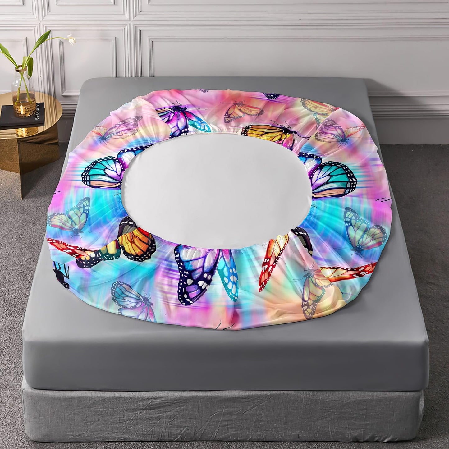 AILONEN 3D Butterfly Queen Bedding Set for Kids Teens Girls,Colorful Butterflies Fitted Sheet Set for All Season,Pink Blue Gradient Bed Sheet + 2 Pillowcases,3Pcs